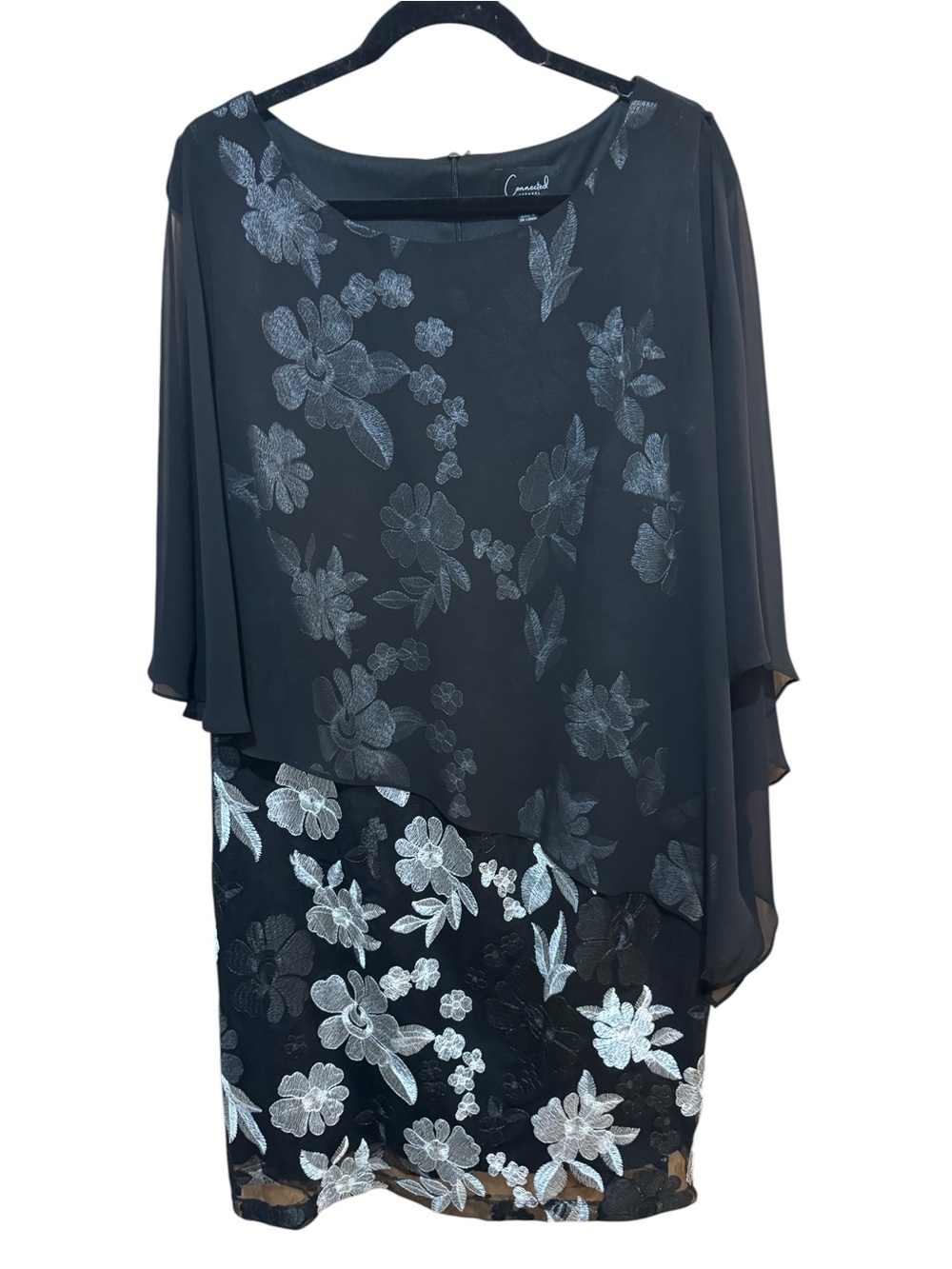 Connected Apparel Floral Embroidered Capelet Dress Black Silver Sheath Sz 14
